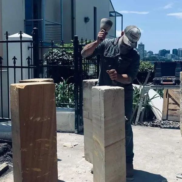 Dressed sandstone column pieces ready for installation